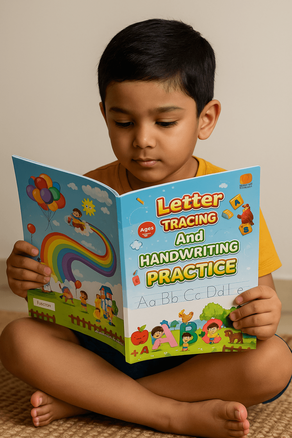 Child reading book enthusiastically